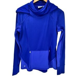 Athleta Plush Tech Hoodie Womens Medium Blue Activewear Pockets Thumbholes